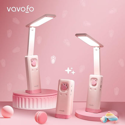 VAVOFO Desk Lamp Foldable Portable Cute Desk Lamp, Battery Powered Desk Lamp, Built-in 6000mAh Rechargeable, 3 Color Warm Pink Desk Lamp, USB C Rechargeable Desk Lamp, Cordless Desk Lamp, Battery Lamp - LeafyLoom