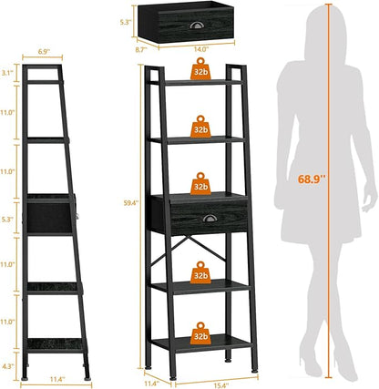 Furologee 5 Tier BookShelf, Ladder Shelf with Drawer, Tall Bookcase Corner Shelf, Narrow Shelf Industrial Display Standing Units for Home Office, Living Room, Bedroom, Kitchen, Black Oak - LeafyLoom