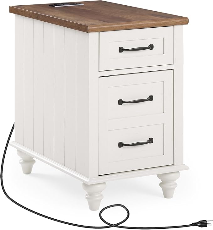 WAMPAT End Table with Charging Station, White Side Table with Storage Cabinet and Drawer, Wood Nightstand with Power Outlets & USB Ports for Bedroom, Living Room - LeafyLoom