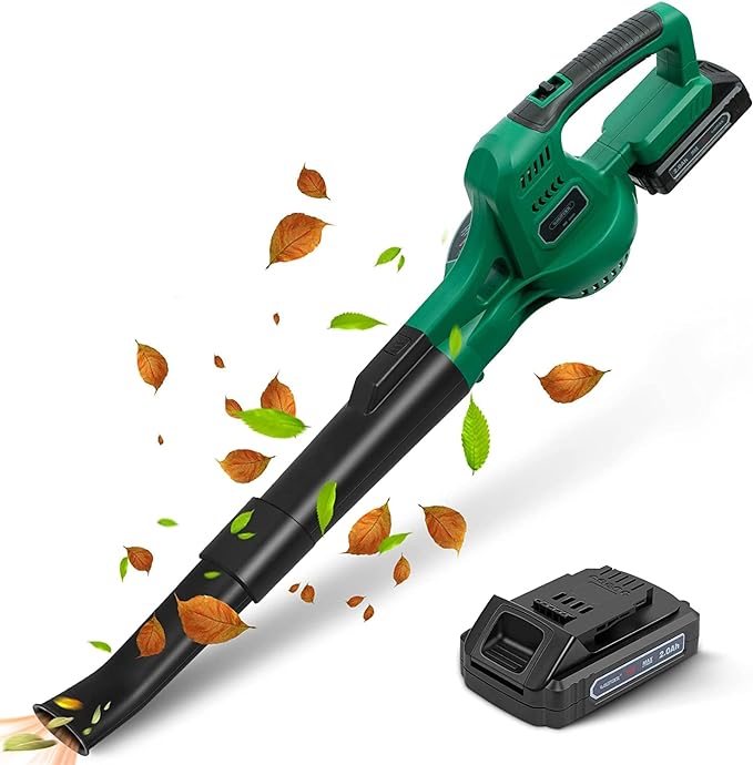 20V Cordless Leaf Blower with Battery and Charger, Leaf Blower Battery Operated, Rechargeable Electric Handheld Leaf Blower Variable Speed with 2 Tubes for Patio, Leaves Blowing-Green - LeafyLoom