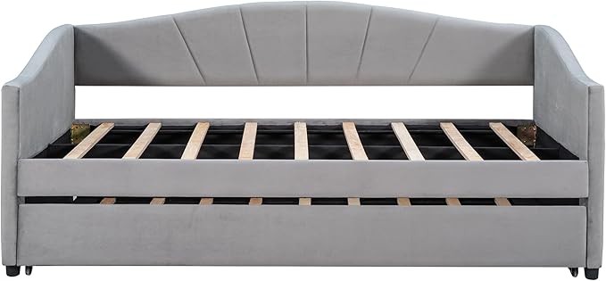 Twin Size Upholstered Daybed with Trundle, Wood Slat Support Sofa Bed with Armrest, No Box Spring Needed, Easy to Assemble, for Studio, Bedroom, Living, Guest Room, Gray - LeafyLoom