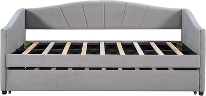 Twin Size Upholstered Daybed with Trundle, Wood Slat Support Sofa Bed with Armrest, No Box Spring Needed, Easy to Assemble, for Studio, Bedroom, Living, Guest Room, Gray - LeafyLoom