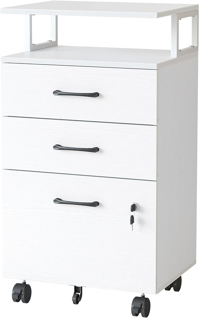 FEZIBO File Cabinet with Lock for Home Office, 3-Drawer Rolling Filing Cabinet, Home Office File Cabinet for A4/Letter/Legal Size, Printer Stand, Wooden Storage Cabinet, White - LeafyLoom