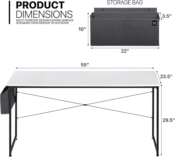 MoNiBloom Computer Desk 55 Inches with A Storage Bag, Student Laptop Writing Desks for Samll Space Home Office, White - LeafyLoom