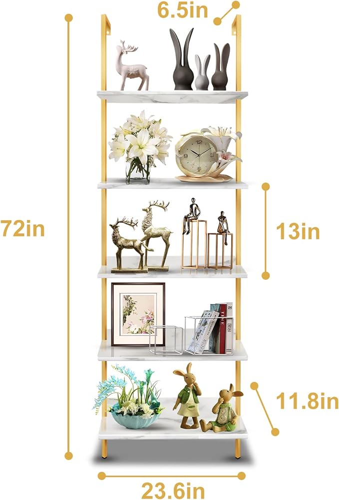 5 Tiers Ladder Shelf White Marble Modern Bookshelf Open Tall Wall Mount Bookcase Standing Leaning Wall Shelves Industrial Decorative - LeafyLoom