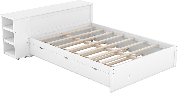 Wood Full Size Platform Bed with Headboard W/Build-in Rolling Desk, Full Bed Frame with Trundle Bed and Storage Drawers for Teens Kids Adults, No Box Spring Needed, White - LeafyLoom