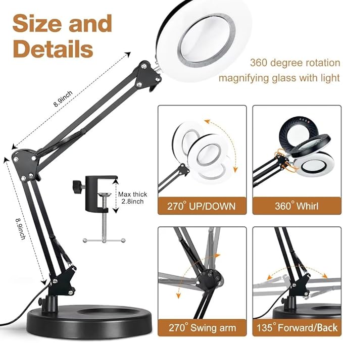 2-in-1 Large Magnifying Glass with Light and Stand-Lighted Magnifying Glass Magnifying Lamp 5 Color Modes Stepless Dimmable-Hands Free Desk Magnifying Glass with Light for Close Work Reading Repair - LeafyLoom