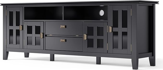 SIMPLIHOME Artisan SOLID WOOD 72 Inch Wide Transitional TV Media Stand in Black for TVs up to 80 Inches, For the Living Room and Entertainment Center - LeafyLoom