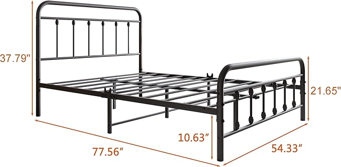 Vintage Full Size Bed Frame with Headboard and Footboard Mattress Heavy Duty Metal Platform, Steel Slat Support (Full, Black Sanded) - LeafyLoom