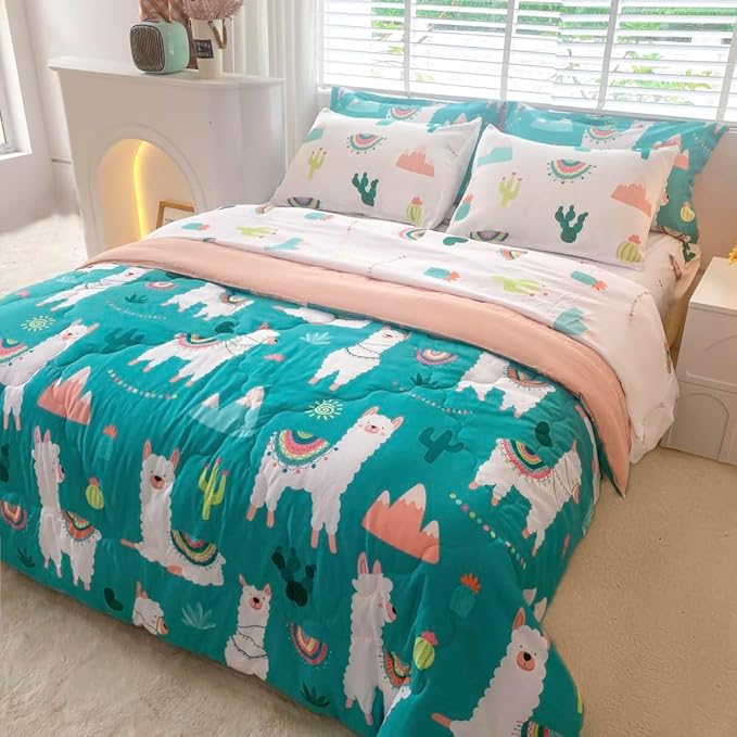 Wajade Kids Llama Comforter Set Bed in A Bag Twin Size 7 Piece Cute Alpaca Tropical Plant Cactus Bedding Set for Girls Boys (1 Comforter, 1 Flat Sheet, 1 Fitted Sheet, 2 Pillowcase and 2 Pillow Sham) - LeafyLoom