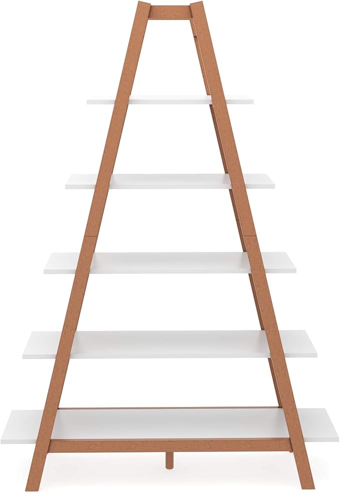 Nathan James 62201 Carlie 5-Shelf Ladder Bookcase, Display or Decorative Storage Rack with White and Rove Brown Wooden Ladder Shelves - LeafyLoom