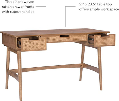 Linon Natural Dutton Wood and Rattan Desk - LeafyLoom