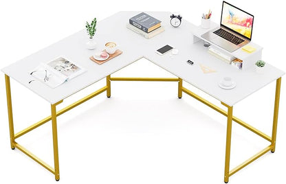 Elephance 59" L Shaped Desk Corner Computer Desk Gaming Table with Monitor Stand Workstation for Home Office (Large, White+ Gold Frame) - LeafyLoom