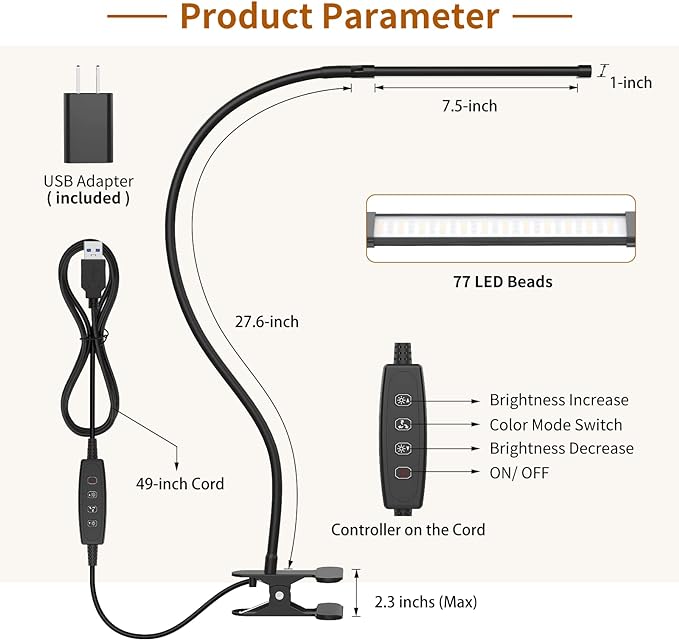 iZELL LED Desk Lamp for Home Office with Clamp [77 LEDs Light 3 Color Modes & 10 Brightness Levels] Flexible Gooseneck Book Lights, Easy Clip on Reading Headboard - LeafyLoom