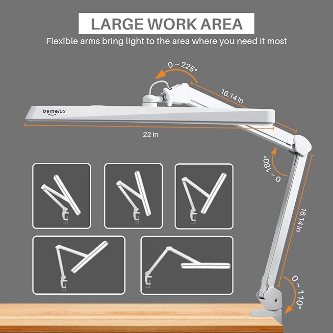 LED Architect Desk Lamp, 2500 Lumens, Dimmable, Metal Swing Arm, 5 Color Temperatures, 30W, Ideal for Task Work, Drafting, Reading, Clamp-on Office Table Lamp with 324 Bright LEDs(White) - LeafyLoom