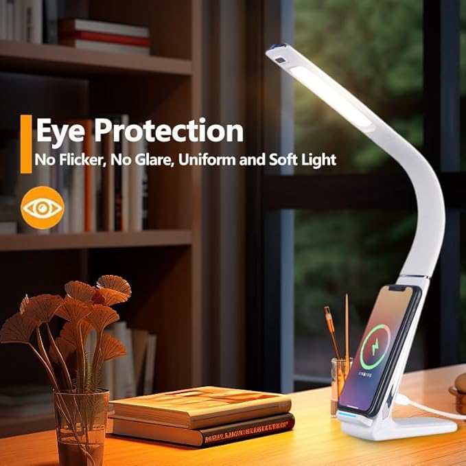 LED Desk Lamp with USB Charging Port, 10W wireless charger, Stepless dimmable, 3 Color Modes, Desk Lights for Home Office, Office Desk Lamp Eye Caring Reading Light, Gesture Control Table Lamp - LeafyLoom