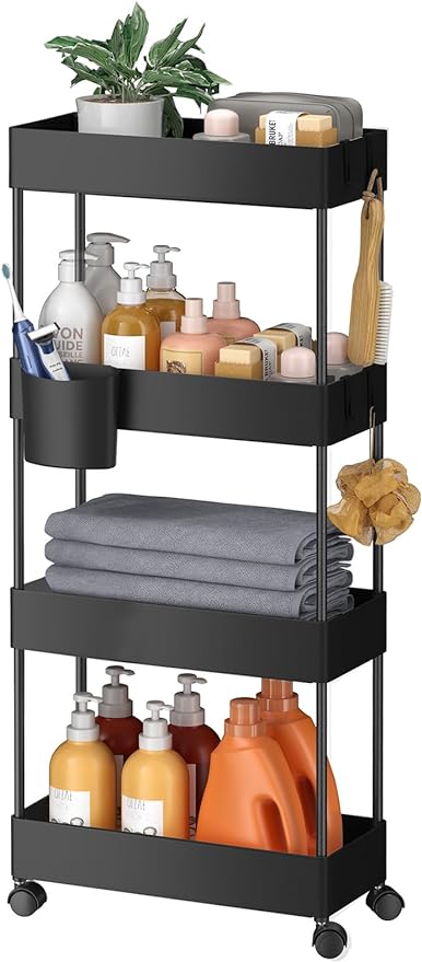 Pipishell Slim Storage Cart with Wheels, Bathroom Cart Organizer Bathroom Storage Small, Rolling Cart for Bathroom, Laundry Room, Kitchen, Narrow Space, Black PIUC05 - LeafyLoom