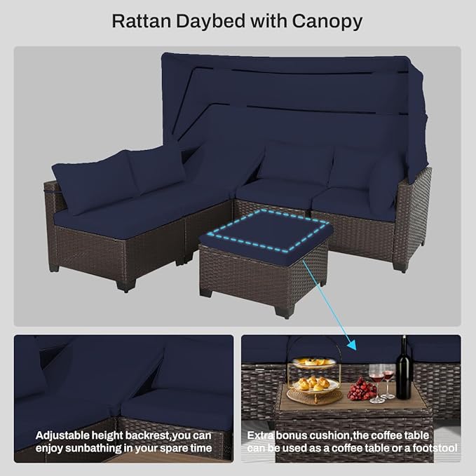 6 PCS Outdoor Patio Furniture Set,Sectional Sofa Set,Rattan Daybed with Retractable Canopy,Adjustable Backrest,Storage Coffee Table,Chaise Chair Sunbed for Garden Poolside Backyard(Navy Blue) - LeafyLoom