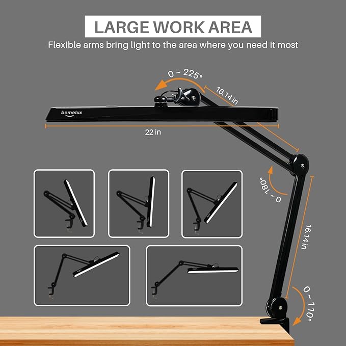 LED Architect Desk Lamp with Clamp, Metal Swing Arm 2000 Lumens Dimming Office Table Lamp for Task Work Drafting Reading Desktop, 117PCS Bright LEDs, 24W Workbench Lamp(Black) - LeafyLoom