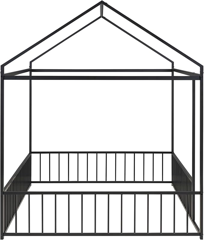 RITSU Full Size Montessori Floor Bed, Metal House Bedframe with Fence, Robust Construction is Used, for Children'S Rooms, Boys Girls, No Box Spring Needed, Easy Assembly, Black - LeafyLoom