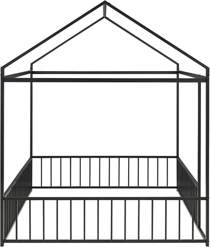 RITSU Full Size Montessori Floor Bed, Metal House Bedframe with Fence, Robust Construction is Used, for Children'S Rooms, Boys Girls, No Box Spring Needed, Easy Assembly, Black - LeafyLoom