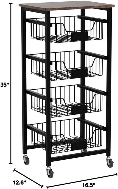 Fruit Basket, 5-Tier Utility Kitchen Organizer and Storage Cart with Pull-Out Baskets and Wood Top, Rolling Pantry Kitchen Cart on Wheels for Fruit Potato Onion Vegetable Snack Produce - LeafyLoom