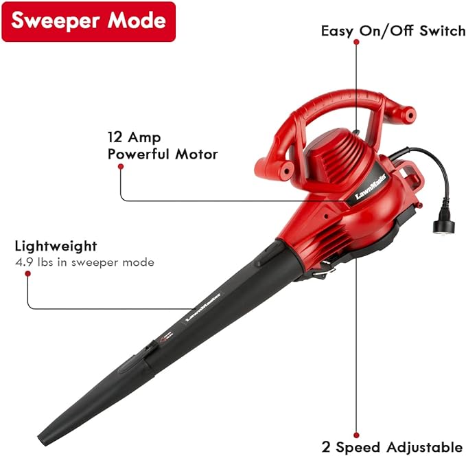 LawnMaster Red Edition BV1210 1201 Electric Blower Vacuum Mulcher 12 Amp 2-Speed Adjustment with Metal Impeller 240 MPH 380 CFM 14:1 Mulch Ratio - LeafyLoom