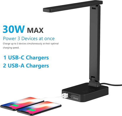 Drevet LED Desk lamp with USB C Charging Port, Table Light with 3 USB Charger and 2 AC Power Outlet, 3 Color Model, 3 Level Brightness, Touch Control, Memory Function, Eye-Caring Office Foldable Lamp - LeafyLoom