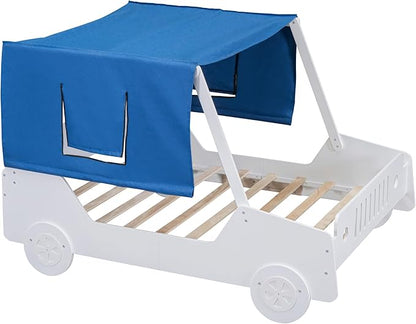 Twin Size Kids Car Bed with Tent Canopy & Wheels,Wood Bedframe W/Safty Grille,Raised Base Design,Easy to Assemble,Toddler Boys Bedroom Car-Shaped Beds for Reading Playing Relaxing,Natural - LeafyLoom