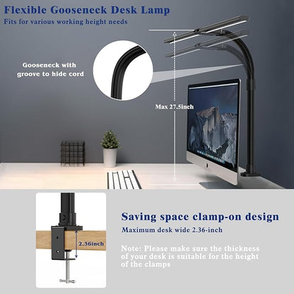 Desk Lamp for Home Office, 24W LED Desk Lamp with Clamp - 25 Lighting Modes Dimming Workbench Light with Flexible Gooseneck, Eye Protection Modern Desk Lamp for Reading Study Monitor Drafting - LeafyLoom