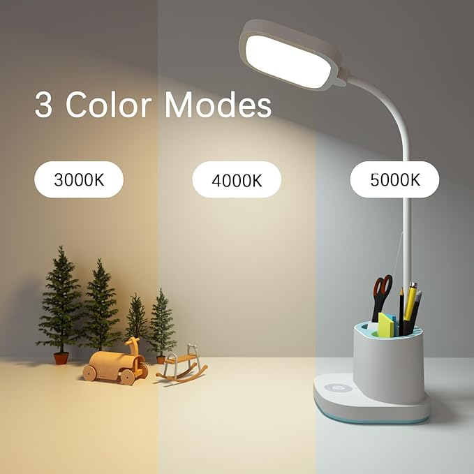 Desk Lamp College Dorm Room Essentials for Girls Guys, 3 Color Reading Lamp with USB Charging Port, Pen Holder, LED Desk Light for Home Office, Rechargeable Battery Cordless, Flexible Gooseneck, White - LeafyLoom