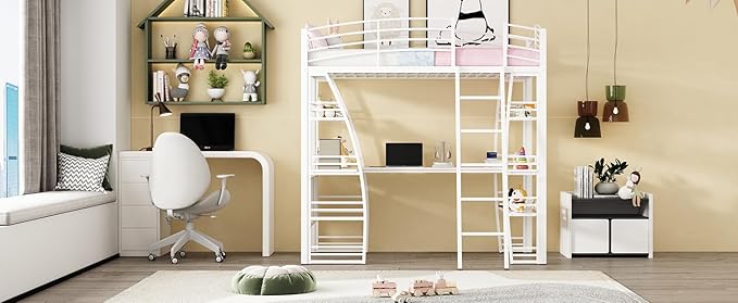 RITSU Twin Size Loft Bed with Storage 4 Layers Shelves and L-Shaped Desk, Strong Metal Bedframe, USB Ports Sockets and Wireless Charging, for Children's Room, Teens, White - LeafyLoom