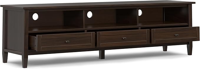 SIMPLIHOME Warm Shaker Solid Wood 72 inch Wide Transitional TV Media Stand in Tobacco Brown for TVs up to 80 inches for The Living Room and Entertainment Center - LeafyLoom