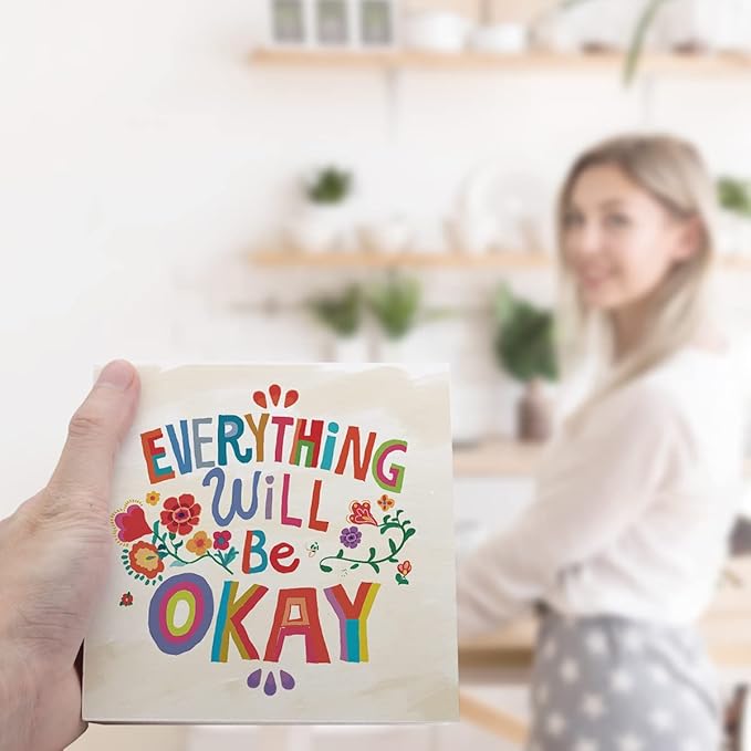 Ruvoty Everything Will Be Okay Colorful Word Art Wooden Sign Desk Decor,Inspirational Wood Block Sign Desk Decorations for Home Bedroom Dorm Office Desk Shelf Table Decor - LeafyLoom