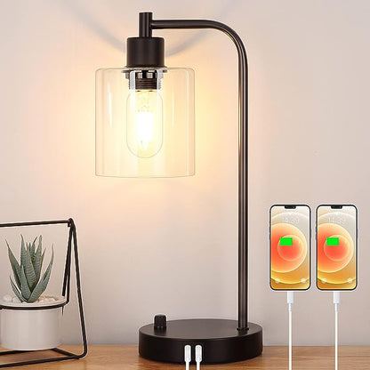 Industrial Table Lamp with 2 USB Charging Ports, Fully Stepless Dimmable Modern Nightstand Lamp, Glass Shade Bedside Desk Lamp for Bedroom Living Room Office, 6W 2700K LED Edison Bulb Included - LeafyLoom