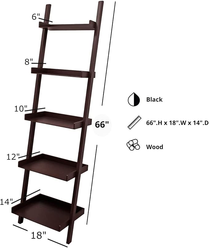 Kiera Grace Providence Hadfield 5 Tier Ladder Shelf, Leaning Bookshelf Storage Rack for Home, Office, 18" x 67", Espresso - LeafyLoom