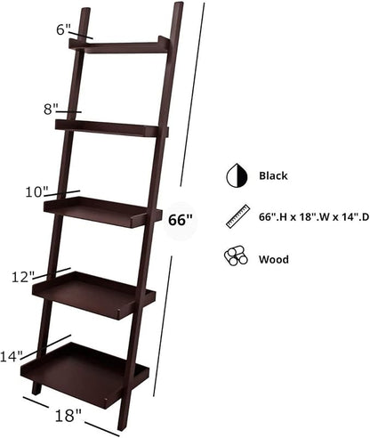 Kiera Grace Providence Hadfield 5 Tier Ladder Shelf, Leaning Bookshelf Storage Rack for Home, Office, 18" x 67", Espresso - LeafyLoom