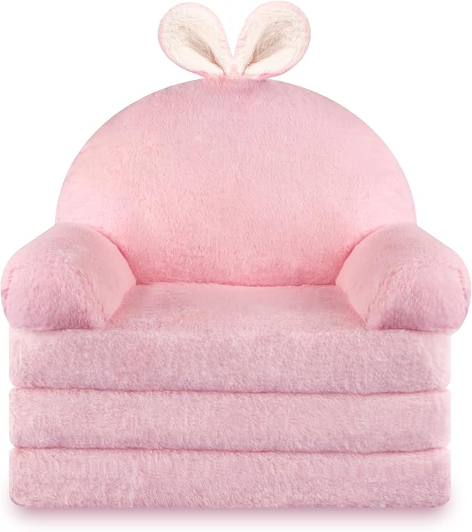 Kids Couch Fold Out Soft Toddler Chairs,Toddler Armrest Chair Bed for Play,Gift for 0-3 Years,Pink Bunny - LeafyLoom