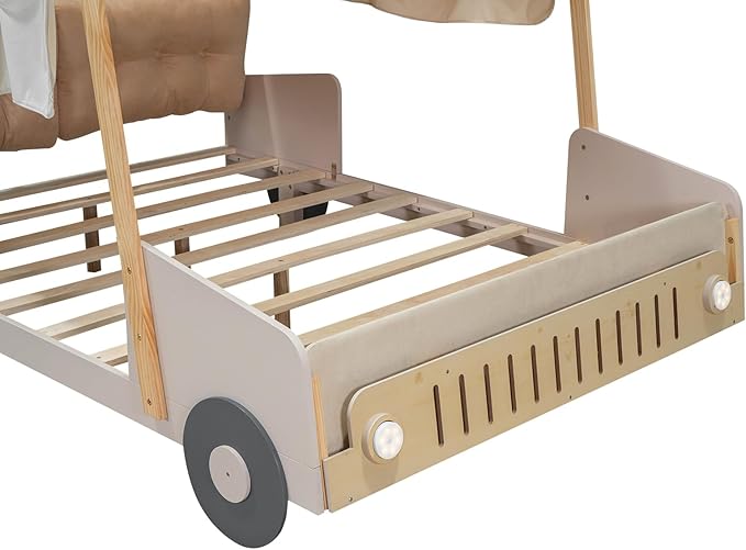 Full Size Race Car Bed Platform Bed with Pillow,Ceiling Cloth and LED Light,Wood Bed Frame W/Magazine Storage Rack,for Kids Boys Girls Teens,Natural - LeafyLoom