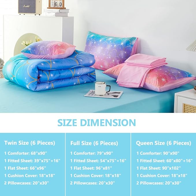 PERFEMET Mermaid Print Full Size Comforter Set for Girls, 6 Piece Colorful Tie Dye Teen Girl Bedding Set, Pink Purple Ombre Cute Bed in A Bag Comforter Set with Sheets - LeafyLoom