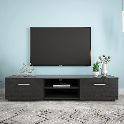 63" TV Stand with Open Shelves, Television Stands for TVs Up to 70", Media Console Entertainment Center Television Table with 2 Storage Cabinet for Living Room, Bedroom, Black - LeafyLoom