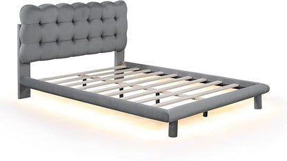 RITSU Full Size Velvet Fabric Platform Bed, Solid Wood Bedframe with LED, Button-Tufted Design Headboard, includes 16 Colors Lights Can Remote Control, No Box Spring Needed, Gray - LeafyLoom