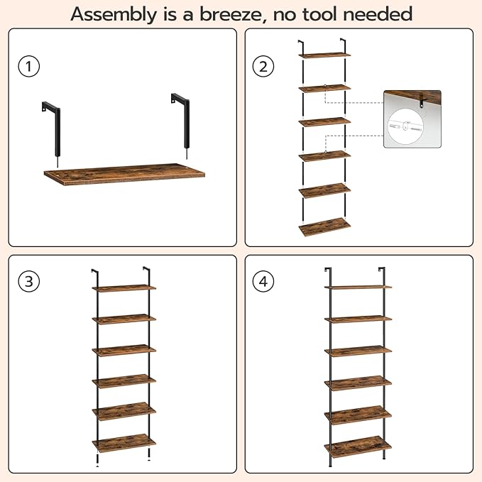 HOOBRO DIY Ladder Shelf, 6-Tier Wall Mounted Bookshelf, Office Vertical Bookcase, Wooden Storage Shelves for Home Office, Bedroom, Rustic Brown and Black BF65CJ01 - LeafyLoom