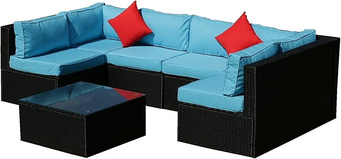 5 Pieces Outdoor Furniture PE Rattan Patio Sectional U Shaped Conversation Sofa Set with Table and 2 Pillows for Garden, Yark, Lawn, Backyard, Onesize, Black Wicker+Blue Cushion - LeafyLoom