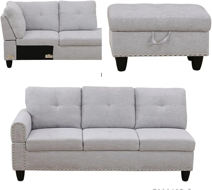 L Shaped Sofa with Ottoman Modern Sectional Living Room, Bedroom, Office, L Couch Grey White - LeafyLoom