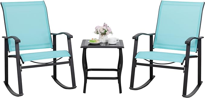 Shintenchi 3 Piece Rocking Bistro Set, Outdoor Furniture with Rocker Chairs and Glass coffee table set of 3, Balcony, Porch Furniture for Small Space, Blue - LeafyLoom