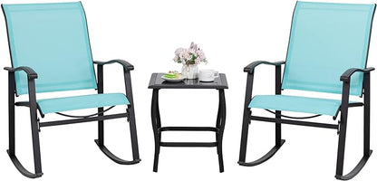 Shintenchi 3 Piece Rocking Bistro Set, Outdoor Furniture with Rocker Chairs and Glass coffee table set of 3, Balcony, Porch Furniture for Small Space, Blue - LeafyLoom