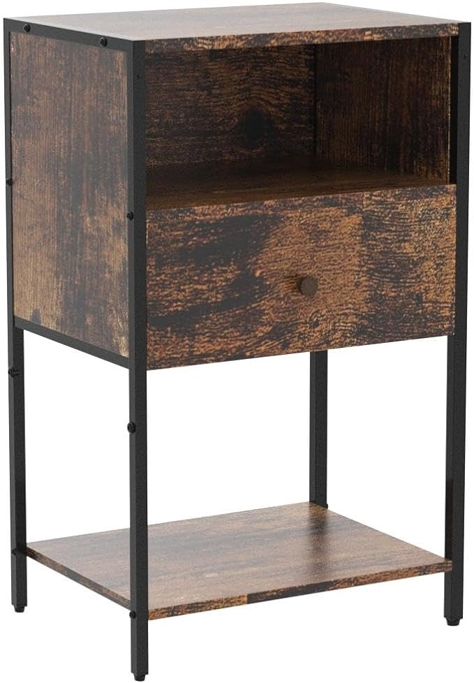 LDTTCUK Nightstand with Charging Station, Modern End Table with Drawer, Bedside Table with Open Storage for Bedroom,Rustic Brown - LeafyLoom