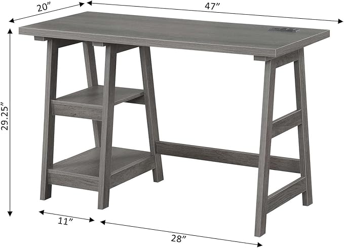 Convenience Concepts Designs2Go Trestle Desk with Charging Station and Shelves, Charcoal Gray - LeafyLoom