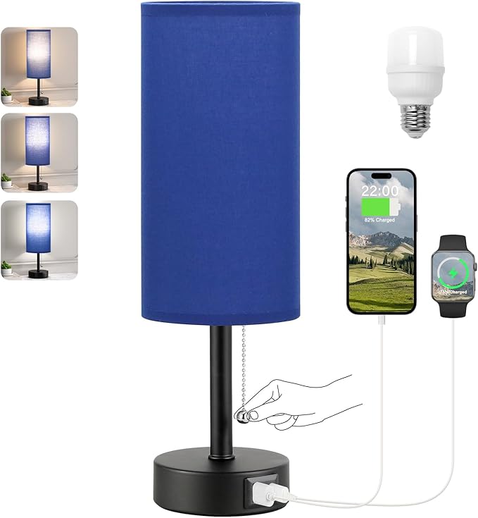 Blue Table Bedside Lamp for Bedroom Nightstand - Small Lamp with USB A + C Charging Port, 3 Color Temperatures Pull Chain Night Stand Light with Bulb, Side Table Desk Reading Lamp for Living Room - LeafyLoom